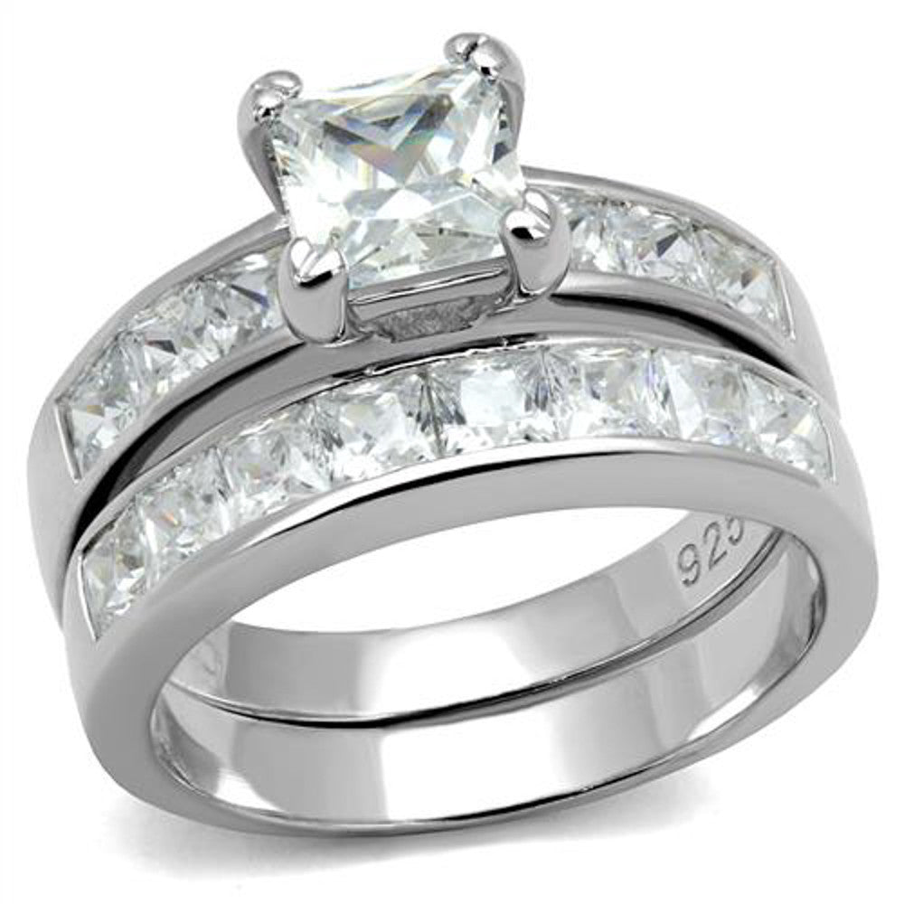 ARTS520 Princess Cut Cubic Zircoina .925 Sterling Silver Rhodium Plated Wedding Ring Set